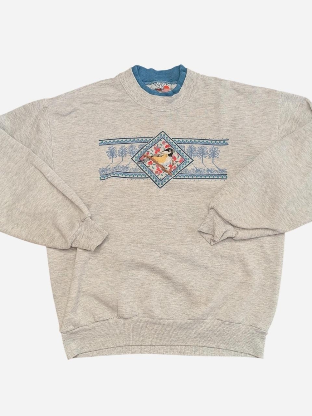 Vintage 90s Double Collar Crewneck Sweatshirt with Blue Accent and Bird Motif